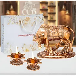 INTERNATIONAL GIFT 3 Pcs Kamdhenu Cow Statue & Diyas Gift Set-image-77