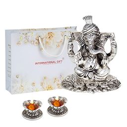 INTERNATIONAL GIFT Silver Pagdi Ganesh God Idol Statue With Hand Diya-image-80