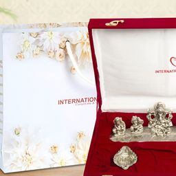 INTERNATIONAL GIFT SIlver-Toned Musical Ganesh God Idol Statue With Swastik Diya Gift Set-image-92
