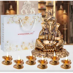 INTERNATIONAL GIFT 7 Pcs Brown Ganesh Statue & Diyas Gift Set-image-76