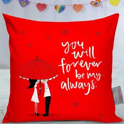 TIED RIBBONS Red Quirky Printed Satin Square Cushion Cover With Filler Combo-28