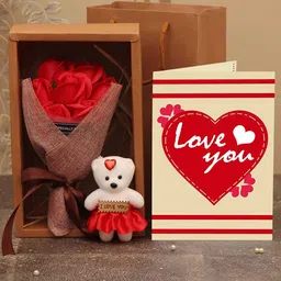 TIED RIBBONS Valentine Red Rose Bouquet with Carry Bag& Teddy with Card Combo Gift Set-image-37