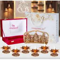 INTERNATIONAL GIFT Brown 7 Pieces Laxmi Ganesh Saraswati Idol With Diya Gift Set-1