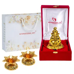INTERNATIONAL GIFT Gold Toned Ganesh Idol With Cymbal With Diya Set With Box Home Gift Set-image-56