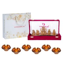 INTERNATIONAL GIFT Brown Brass Ganesh God Idol & 6 Diyas Home Gift Set-image-77