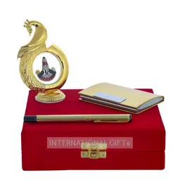 INTERNATIONAL GIFT 3 Pcs Golden & Red Tirupati Pen & Visiting Card Holder Gift Set-3