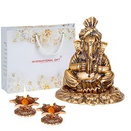 INTERNATIONAL GIFT Brown Brass Ganesh Statue & Diya-image-83