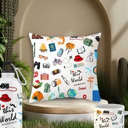 ARTBUG White 3 Pieces Zeenat Printed Cushion Cover With Coffee Mug & Water Bottle Gift Set-10