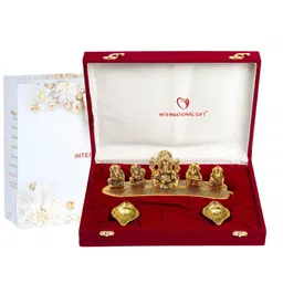 INTERNATIONAL GIFT 3 Pcs Golden Ganesh God Idol Statue With Swastik Diya Gift Set-image-51