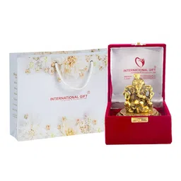 INTERNATIONAL GIFT Gold Toned Silver Plated Pagdi Ganesh Idol With Luxury Velvet Box-image-16