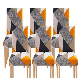 KriShyam Orange-Colored & Grey 6 Pieces Printed Chair Covers-0