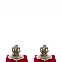 INTERNATIONAL GIFT Silver Toned Lord Ganesha Idol Sitting On Leaf With Diya Gift Set-image-46