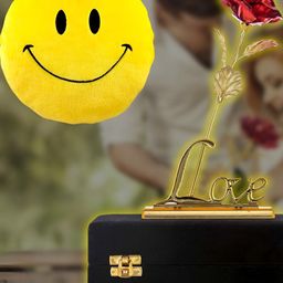 INTERNATIONAL GIFT 3 Pcs Red & Golden Rose Flower With Love Stand & Smiley Pillow Gift Set-picture-22