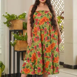 NANGALIA RUCHIRA Plus Size Green & Orange Floral Printed Cotton Dress-55