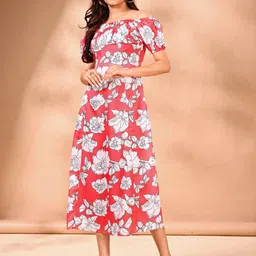 SHINISHA Floral Print Off-Shoulder Puff Sleeve Crepe A-Line Midi Dress-image-91