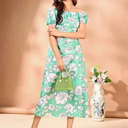 SHINISHA Floral Print Off-Shoulder Puff Sleeve Crepe A-Line Midi Dress-image-58