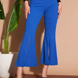 Marie Claire Women Blue High-Rise Plain Knitted Cropped Side Slits Bootcut Trousers-image-35
