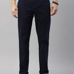 Breakbounce Men Navy Blue Solid Comfort Fit 100% Cotton Trousers-image-12