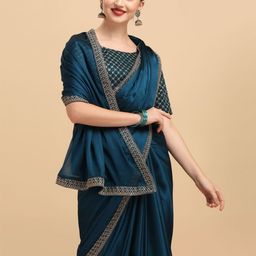 Sangria Teal & Gold-Toned Satin Saree-image-67