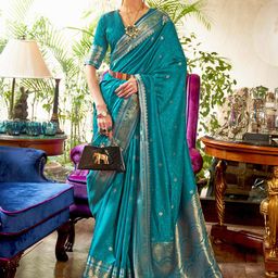 Mitera Teal & Gold-Toned Woven Design Silk Blend Saree-picture-3