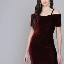 VAARARO Shoulder Straps Cold-Shoulder Sleeves Velvet Sheath Dress-image-74