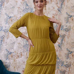 Athena Mustard Yellow Round Neck Sheath Dress-image-95