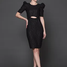 Ziva Fashion Self Design Cut-Out Puff Sleeve Sheath Dress-10