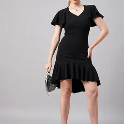 Orchid Blues V-Neck Flutter Sleeves Gathered Fit & Flare Dress-image-92