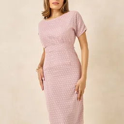 Styli Polka Dot Print Short Sleeves Round Neck Sheath Midi Dress-image-94