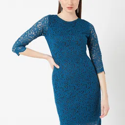 DressBerry Teal Self Design Cut-Outs Lace Sheath Dress-image-9