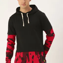 Campus Sutra Men Black & Red Pure Cotton Camouflage Print Hooded Sweatshirt-picture-7
