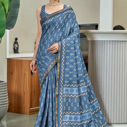 HERE&NOW Ajrak Block Zari Pure Cotton Bagru Saree-image-70