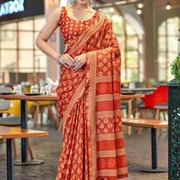 HERE&NOW Ajrak Printed Pure Cotton Bagru Saree-image-49