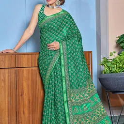 HERE&NOW Ajrak Block Print Pure Cotton Bagru Saree-image-100