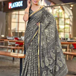HERE&NOW Ajrak Block Pure Cotton Bagru Saree-image-72