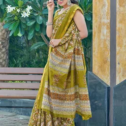 HERE&NOW Floral Printed Zari Pure Cotton Bagru Saree-image-78