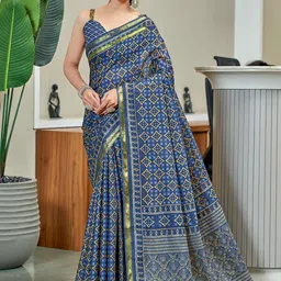 HERE&NOW Ajrak Block Zari Pure Cotton Bagru Saree-image-6