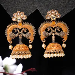 ADIVA Gold-Plated Peacock Shaped Jhumkas-image-23