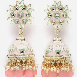 Aazeen Gold-Plated Dome Shaped Kundan-Pearls studded Jhumkas-image-37