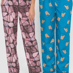 FashionRack Women Pack of 2 Black & Blue Cotton Printed Lounge Pants-picture-24