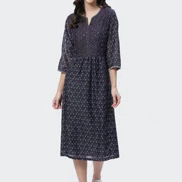 Biba Women Navy Blue Ethnic Motifs Printed Keyhole Neck Thread Work Kurta-image-12