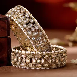 Rubans Set Of 2 22KT Gold-Plated Pearl Beaded CZ Studded Bangles image 1