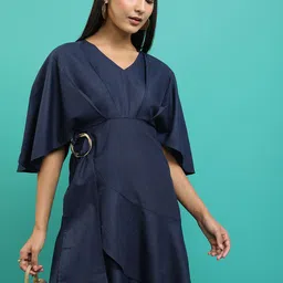 Tokyo Talkies Navy Blue Flared Sleeves Gathered Wrap Dress-image-37