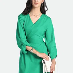 DL Woman V-Neck Ruched Sleeves Cotton A-Line Dress-image-76