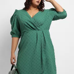 Instafab Plus Size Self Design Puff Sleeve Wrap Dress-7