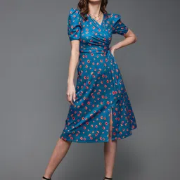 Miss Chase Blue Floral Printed V-Neck Puff Sleeve Tie-Ups Detail Wrap Dress-picture-52