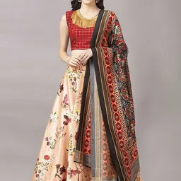 Kaizen TEXO FAB Peach-Coloured & Red Printed Semi-Stitched Lehenga Choli-14