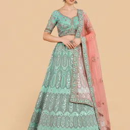 Fusionic Blue & Pink Embroidered Thread Work Semi-Stitched Lehenga & Unstitched Blouse With Dupatta-picture-18