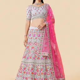 Fusionic Grey & Pink Embroidered Thread Work Semi-Stitched Lehenga & Unstitched Blouse With Dupatta-image-46