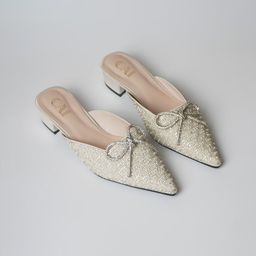CAI Bow Embellished Block Heel Mules-2